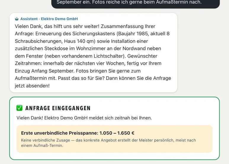 AI portal: summary of the request and a non-binding price range of 1,050 to 1,650 euros