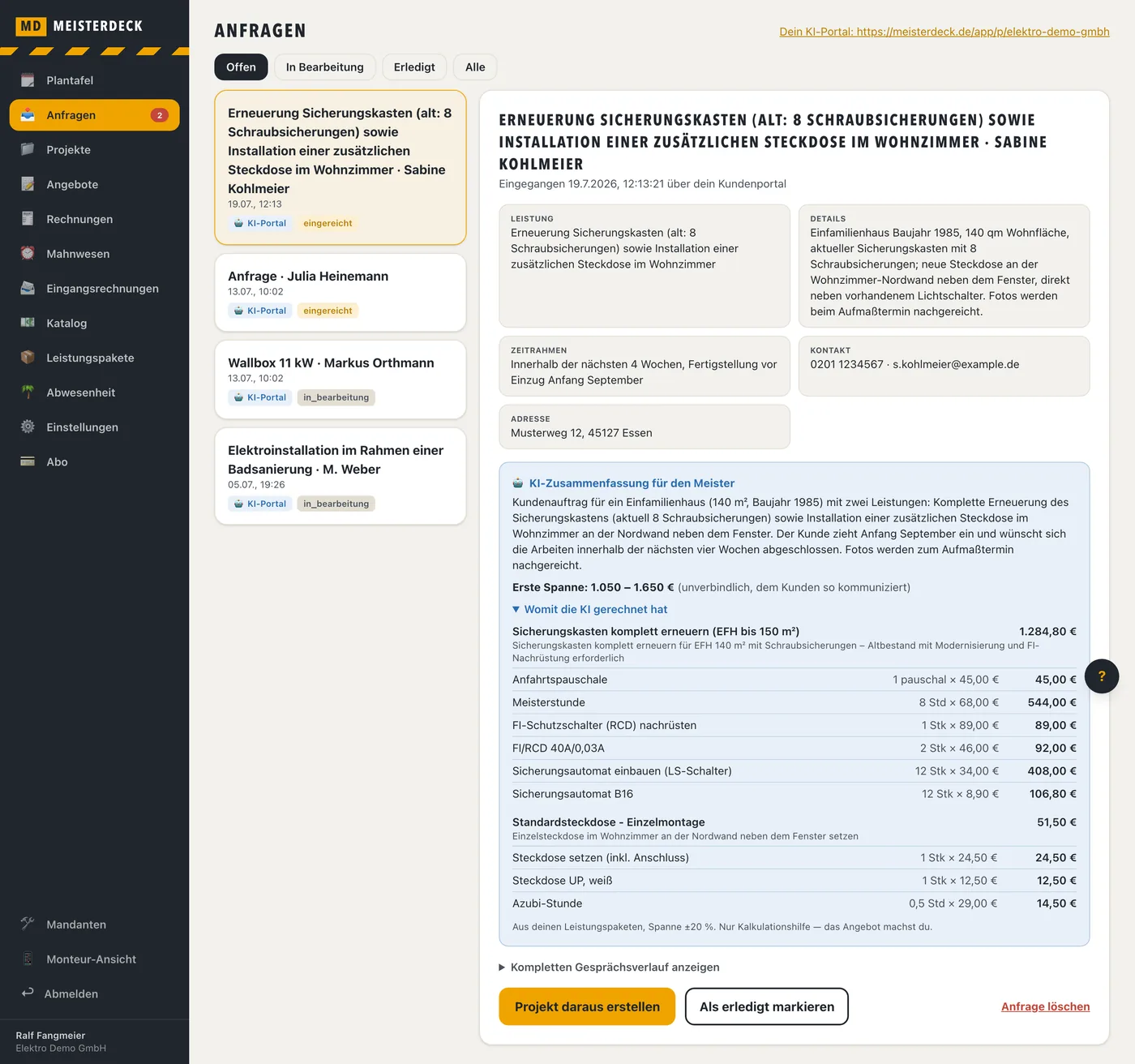 Office inbox with an expanded calculation from the price catalog
