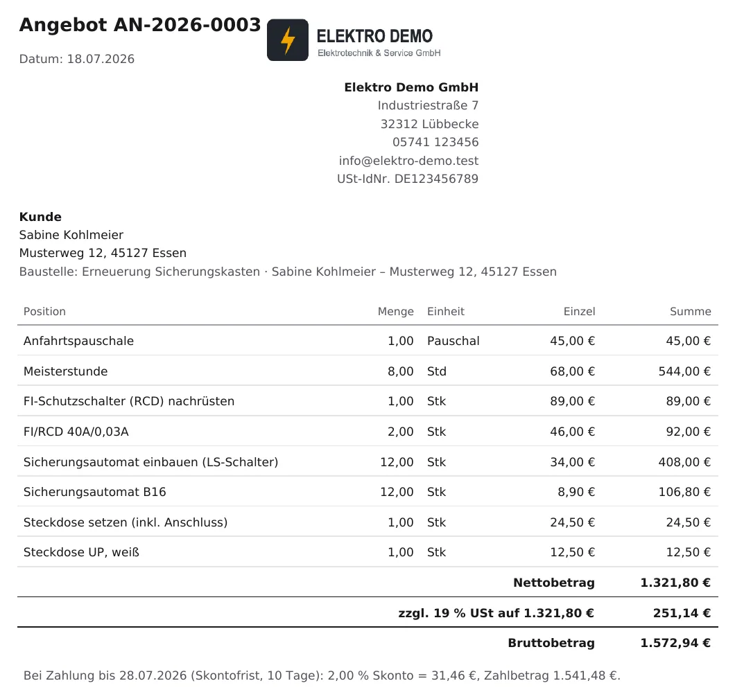 Quote as a PDF with company logo, address and early-payment discount note