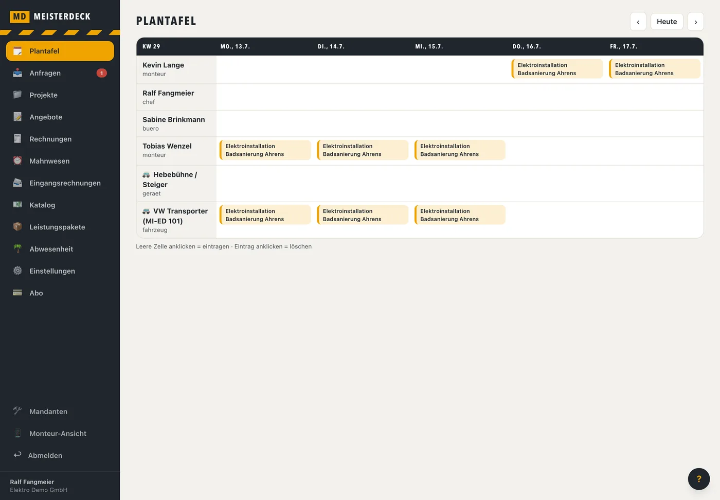 Scheduling board with employees, vehicles and equipment in a weekly overview