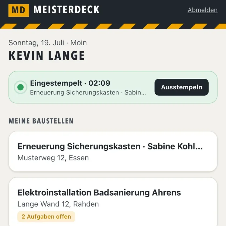Field app: clocked in at the job site via GPS, with the day's job sites at a glance