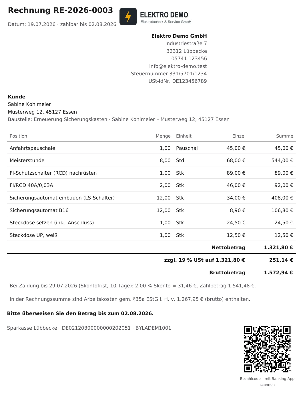 Invoice as a PDF with a §35a EStG tax notice and an EPC payment code